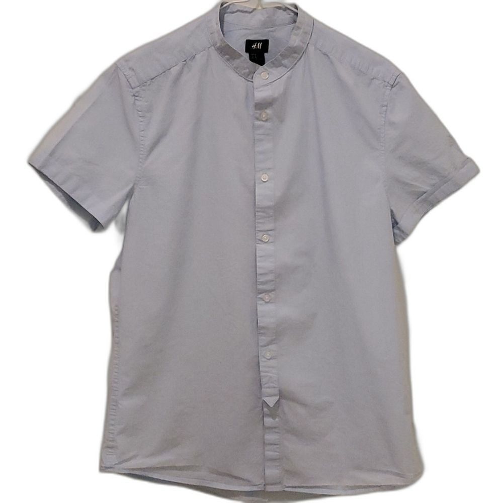 H M Light Blue Band Collar Short Sleeve Button Up Shirt Womens Medium